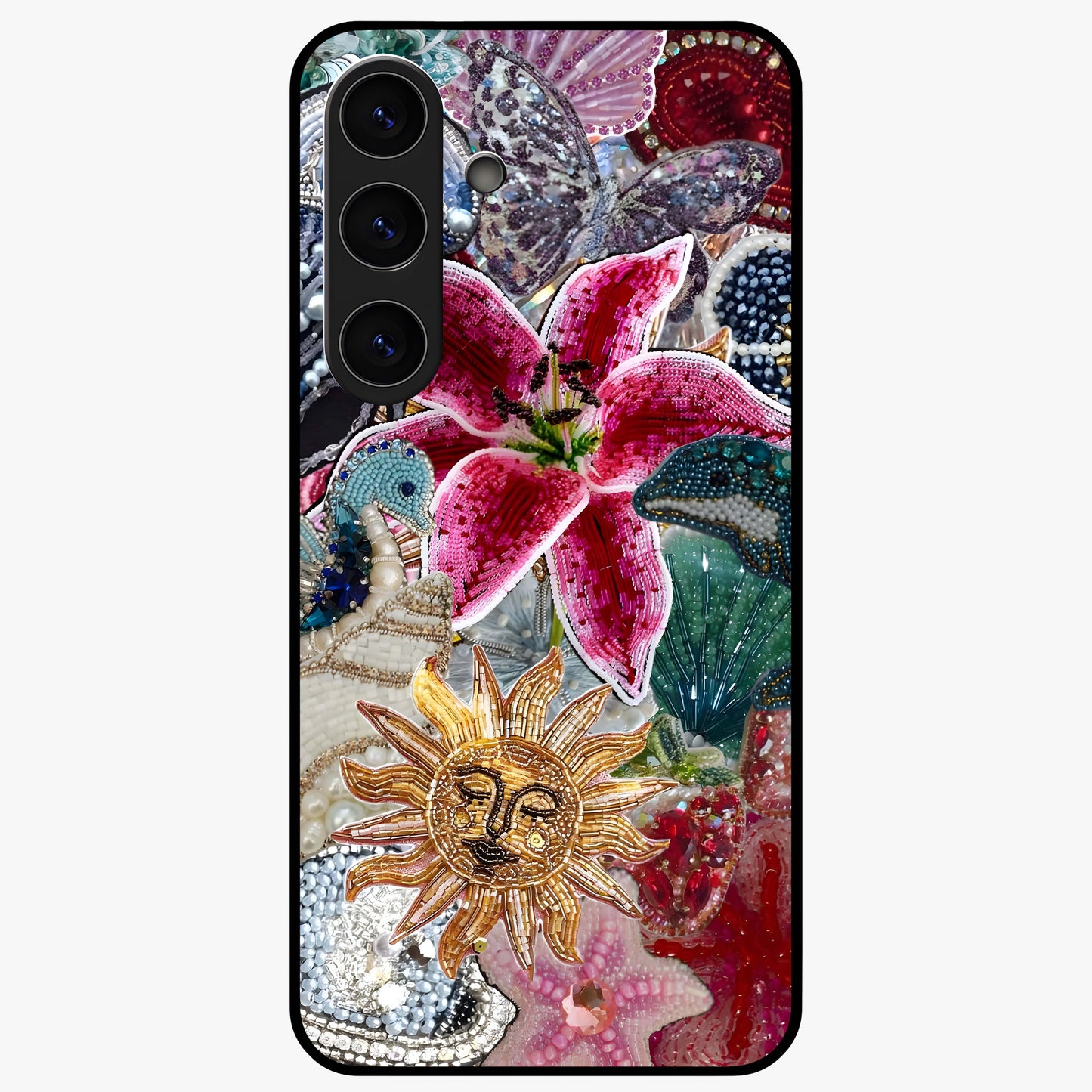 Beaded Garden Fantasy Glass Case showing flat back view with dreamy garden bead artwork and glossy glass finish.