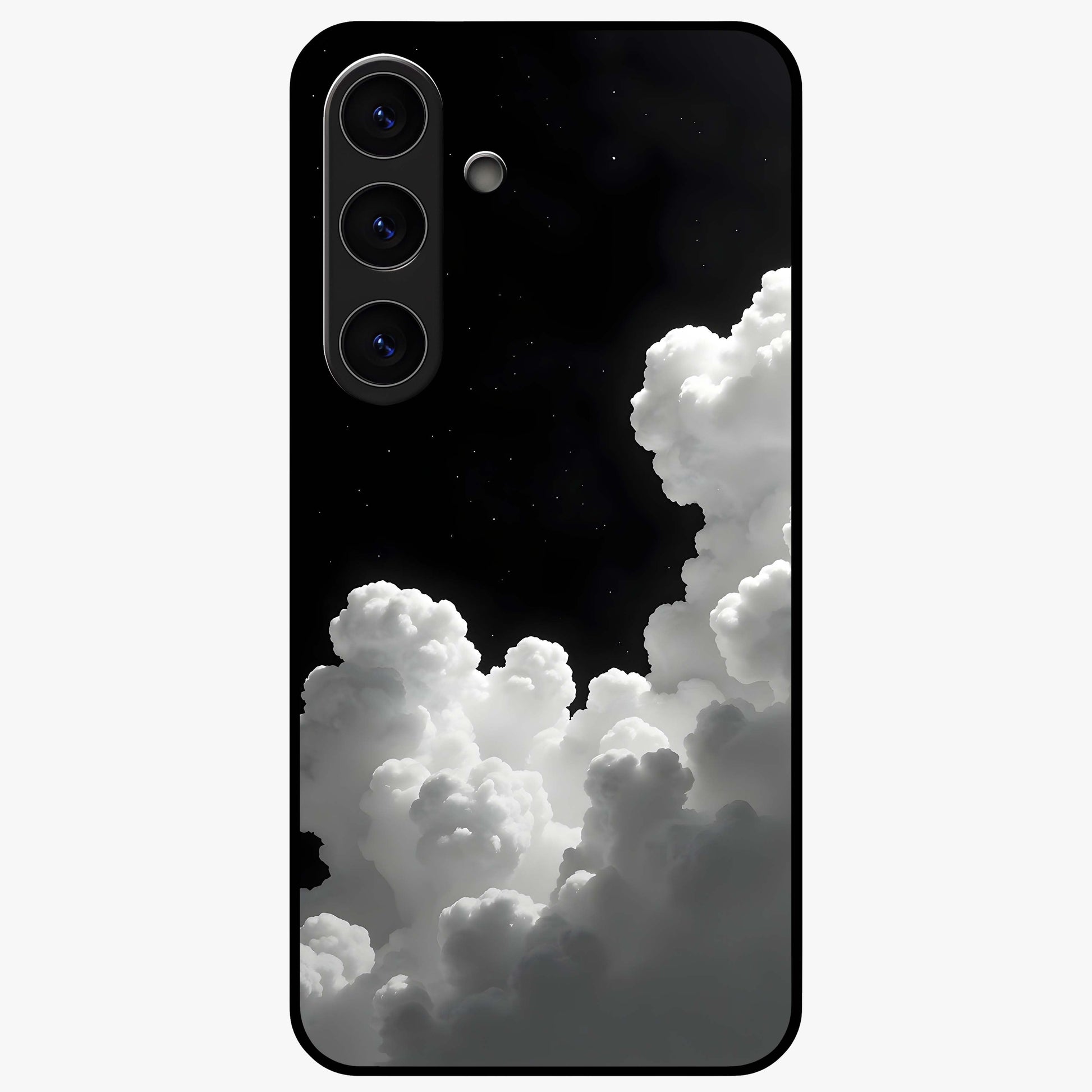 Black Background With White Cloud Glass Case showing flat back view with minimal cloud artwork on dark background and glossy glass finish.