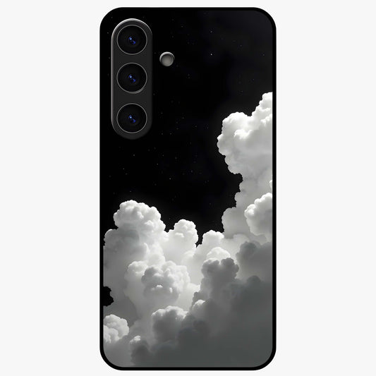 Black Background With White Cloud Glass Case showing flat back view with minimal cloud artwork on dark background and glossy glass finish.