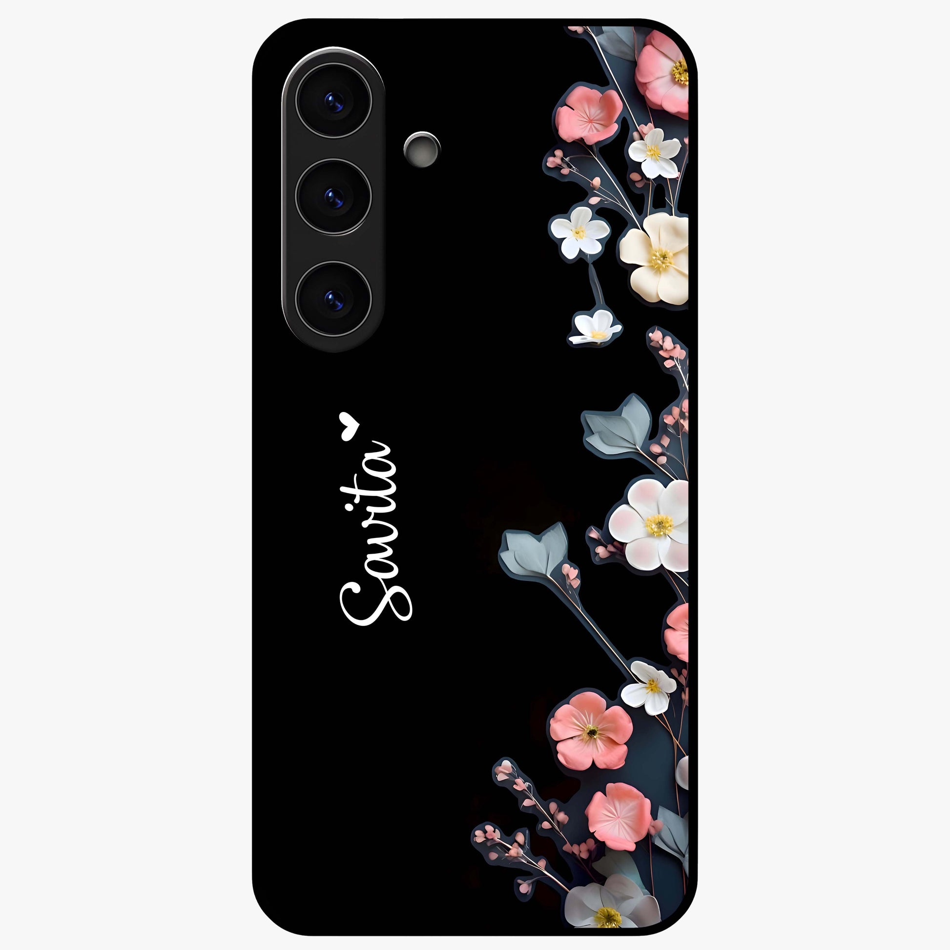 Black Elegance Floral Custom Name Glass Case showing flat back view with elegant floral artwork and personalized name design.