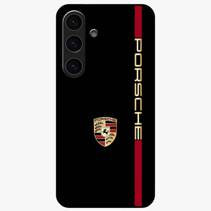 Black Minimal Porsche Glass Case showing flat back view with sleek minimal sports car artwork and glossy glass finish.