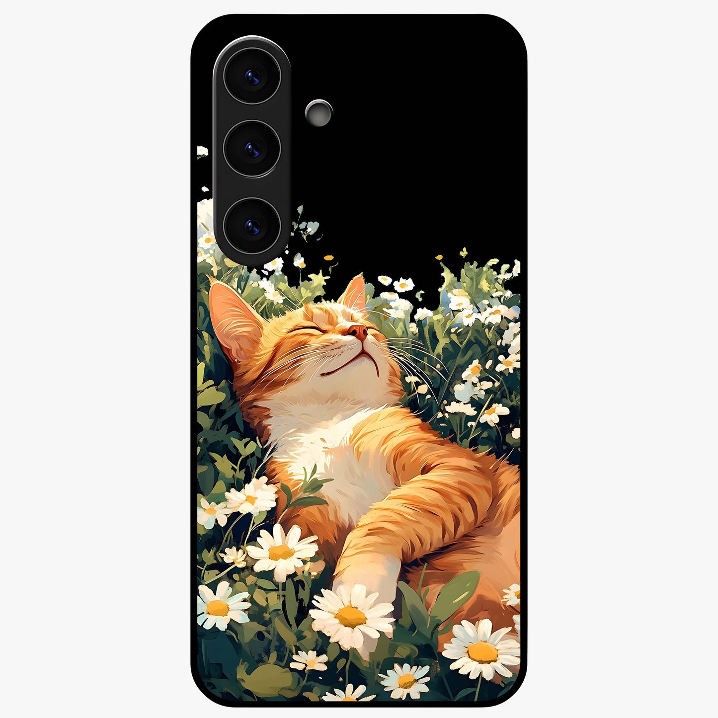 Blissful Bloom Cat Glass Case showing flat back view with cute cat and floral bloom artwork and glossy glass finish.
