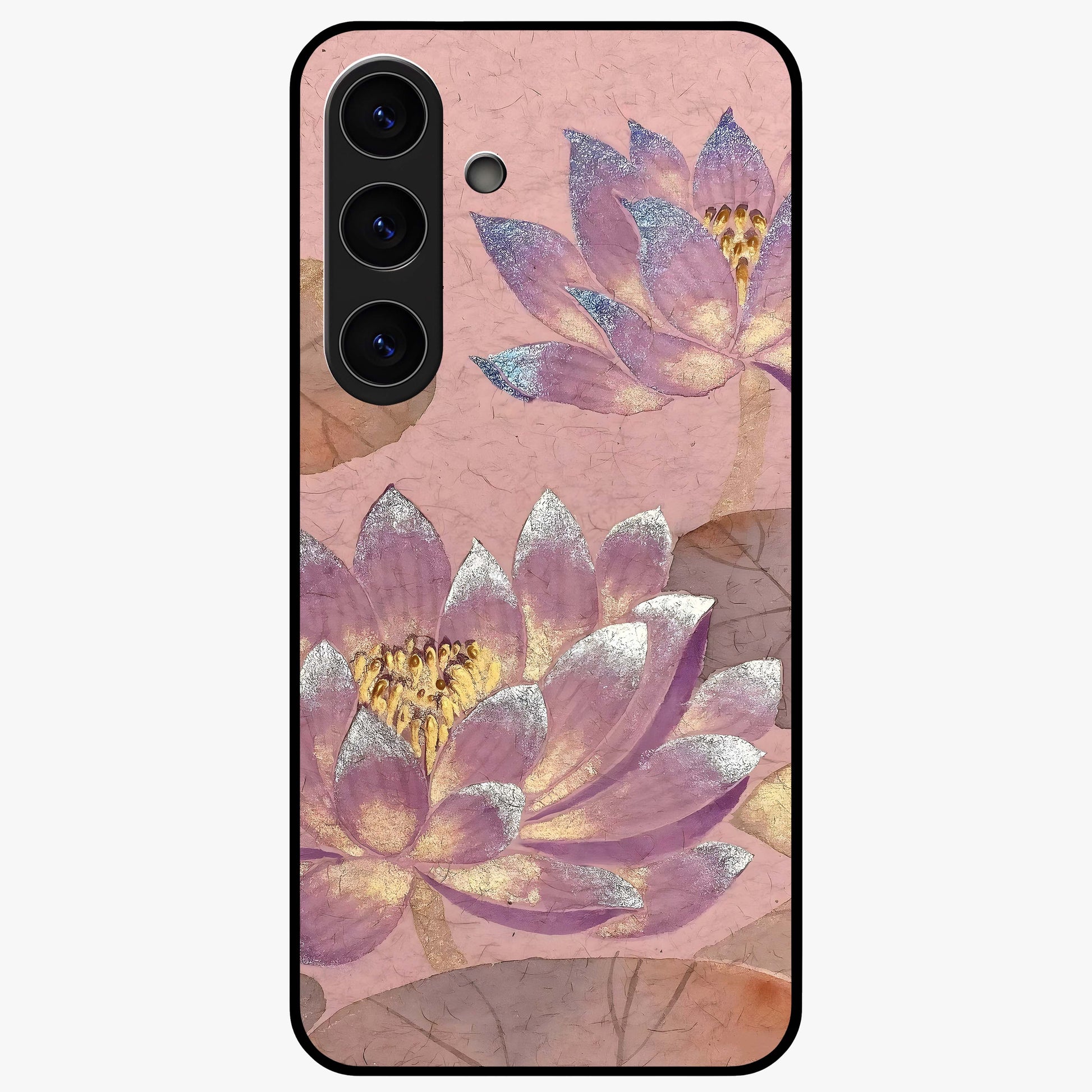 Blossom Mist Lotus Glass Case showing flat back view with serene lotus blossom artwork and glossy glass finish.
