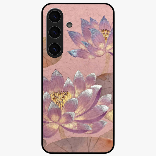 Blossom Mist Lotus Glass Case showing flat back view with serene lotus blossom artwork and glossy glass finish.