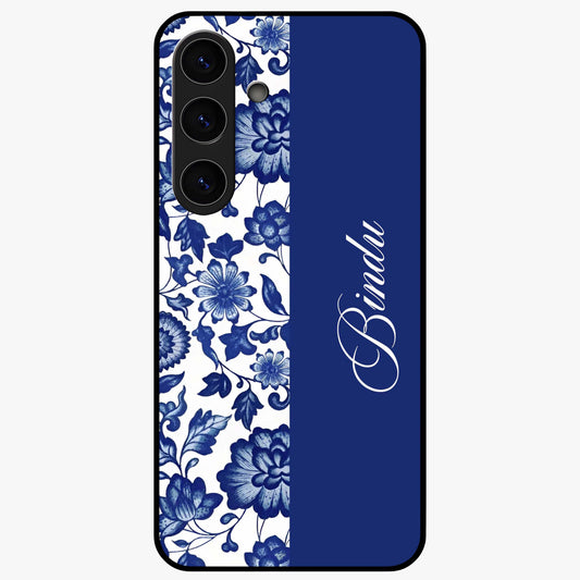 Blue Vintage Floral Pattern Glass Case upright view showcasing timeless floral illustration with vintage inspired style.
