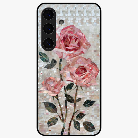 Blush Mosaic Bloom Glass Case showing flat back view with mosaic floral bloom artwork and glossy glass finish.