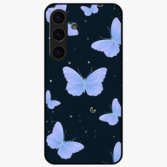 Butterfly With Stars Pattern Glass Case showing flat back view with butterfly and star pattern artwork and glossy glass finish.