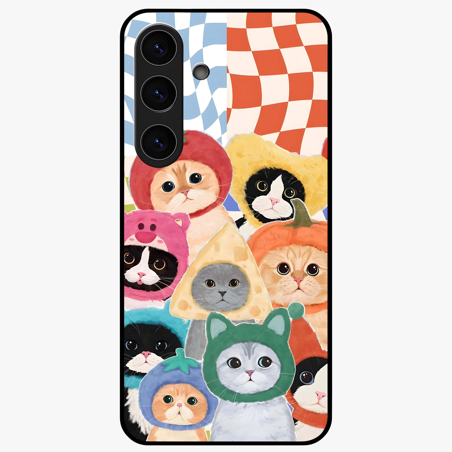 Cats in Fruits Glass Case showing flat back view with playful cat illustrations inside fruit artwork and glossy glass finish.