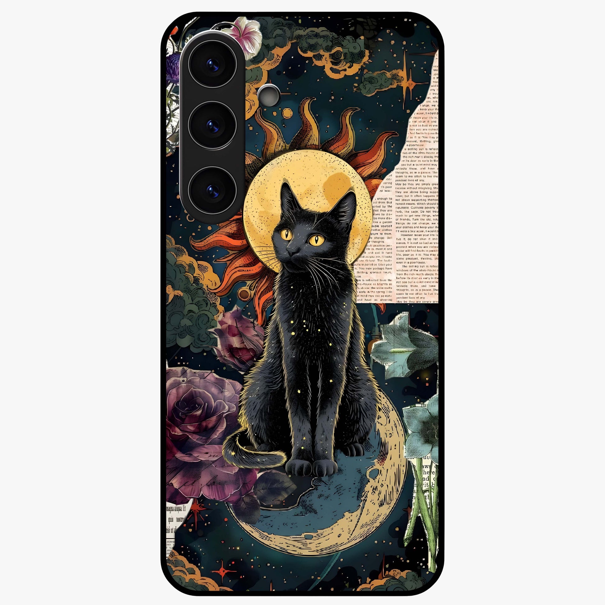 Celestial Black Cat Glass Case showing flat back view with mystical black cat artwork and glossy glass finish.
