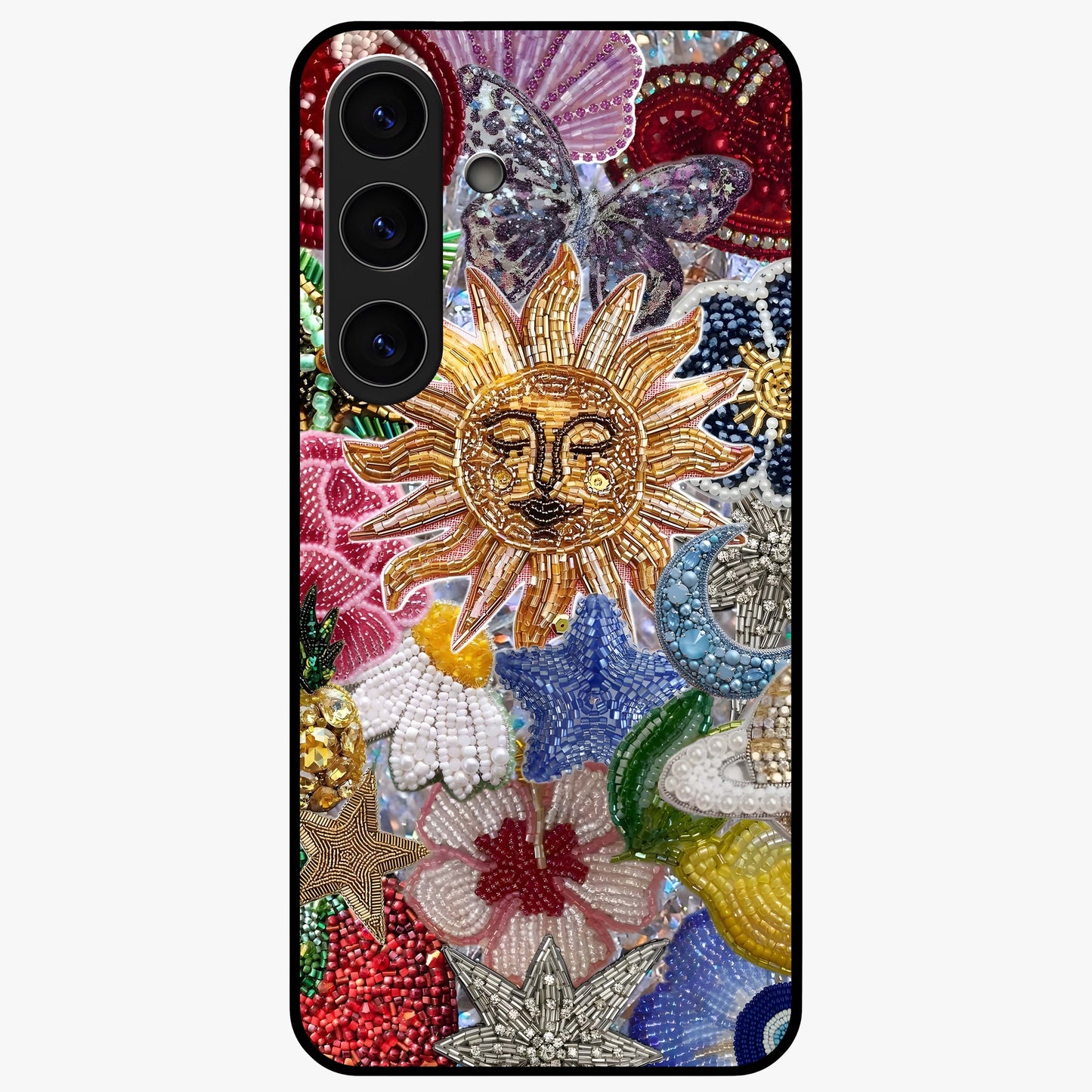Celestial Floral and Playful Glass Case showing flat back view with floral and celestial themed artwork and glossy glass finish.