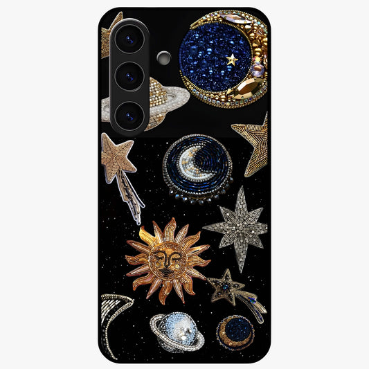Celestial Gem Constellations Glass Case showing flat back view with sparkling constellation artwork and glossy glass finish.