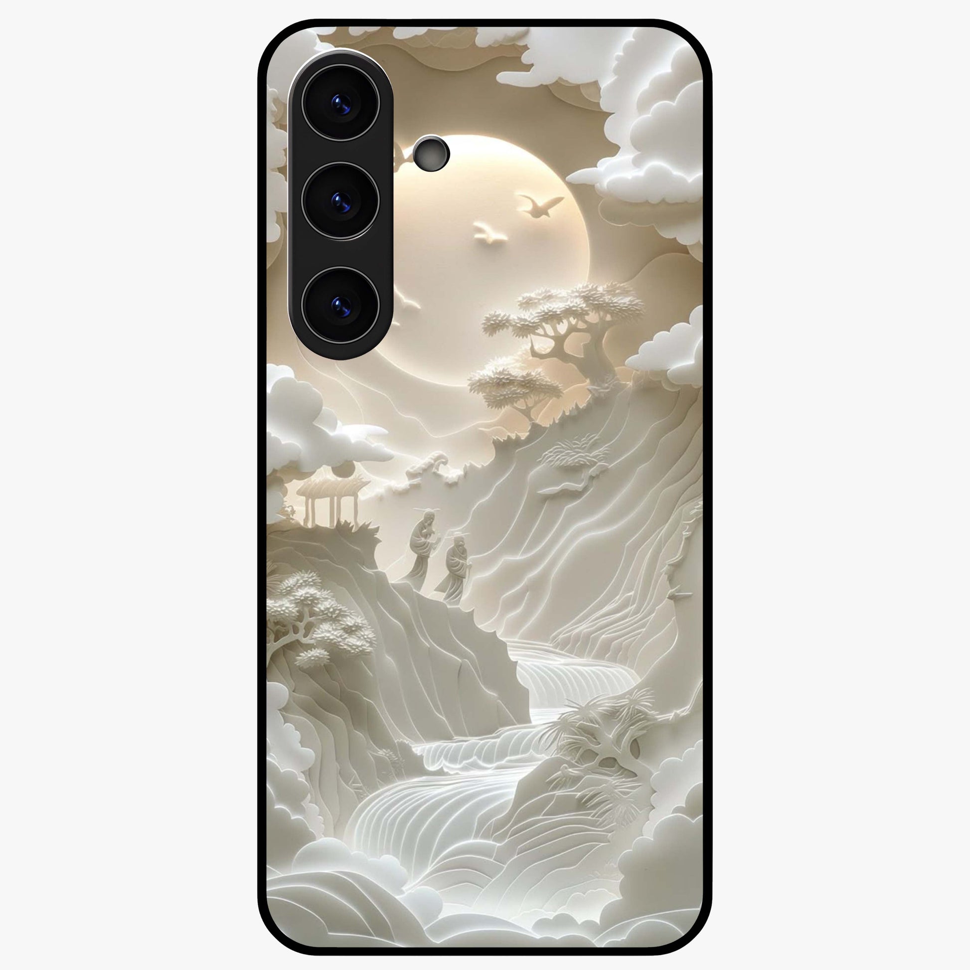Celestial Origami Glass Case showing flat back view with artistic origami inspired celestial artwork and glossy glass finish.