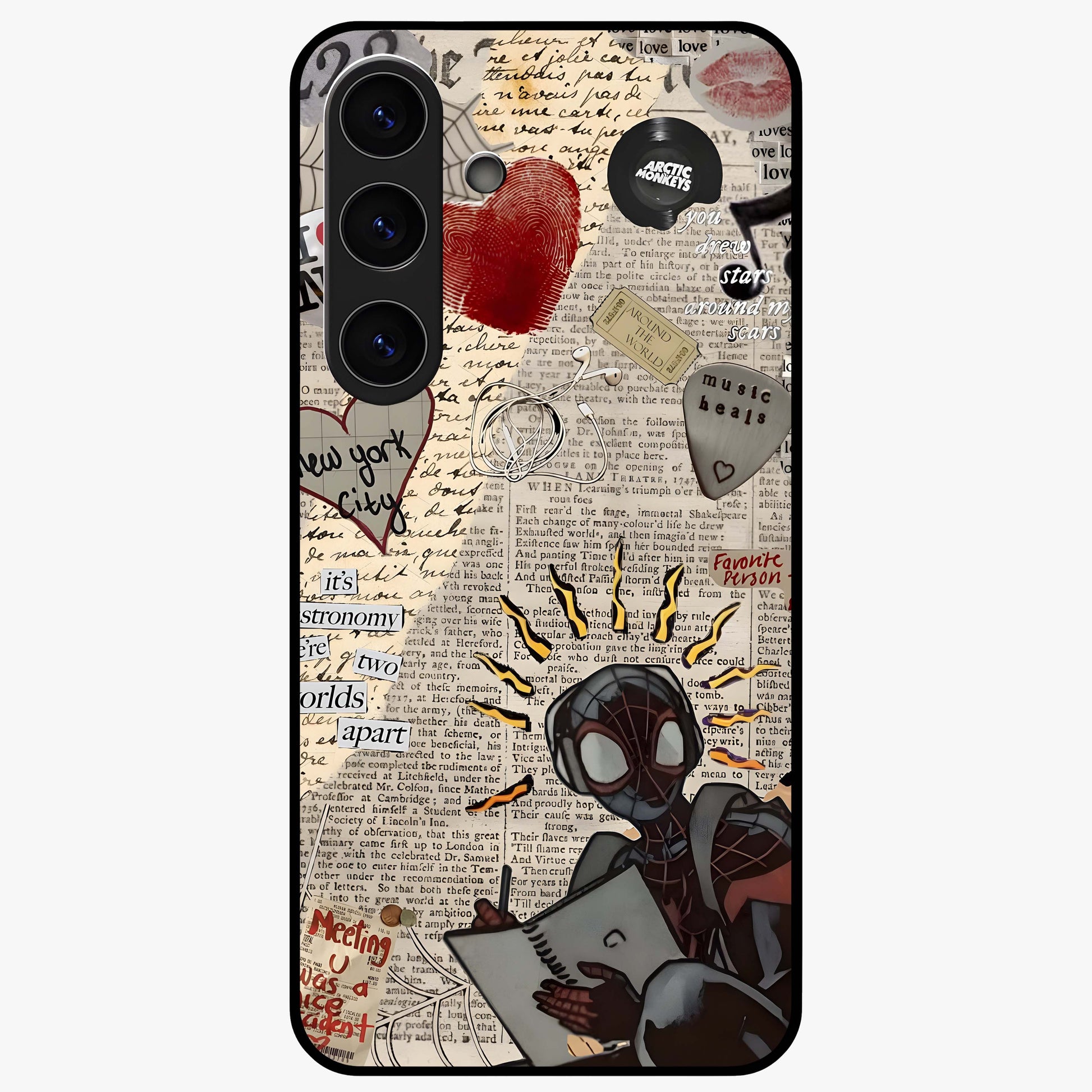 City Dream Sketch Glass Case showing flat back view with artistic city skyline sketch artwork and glossy glass finish.