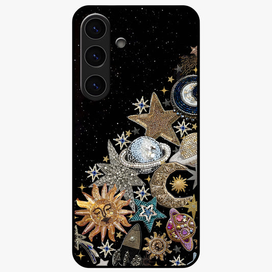 Cosmic Sparkle Dreams Glass Case showing flat back view with sparkling cosmic artwork and glossy glass finish.