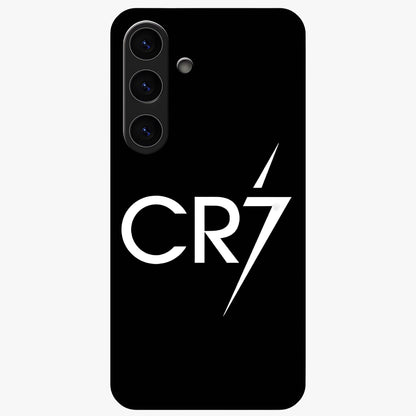 Cr7 Elite Strike Glass Case showing flat back view with dynamic football inspired artwork and glossy glass finish.