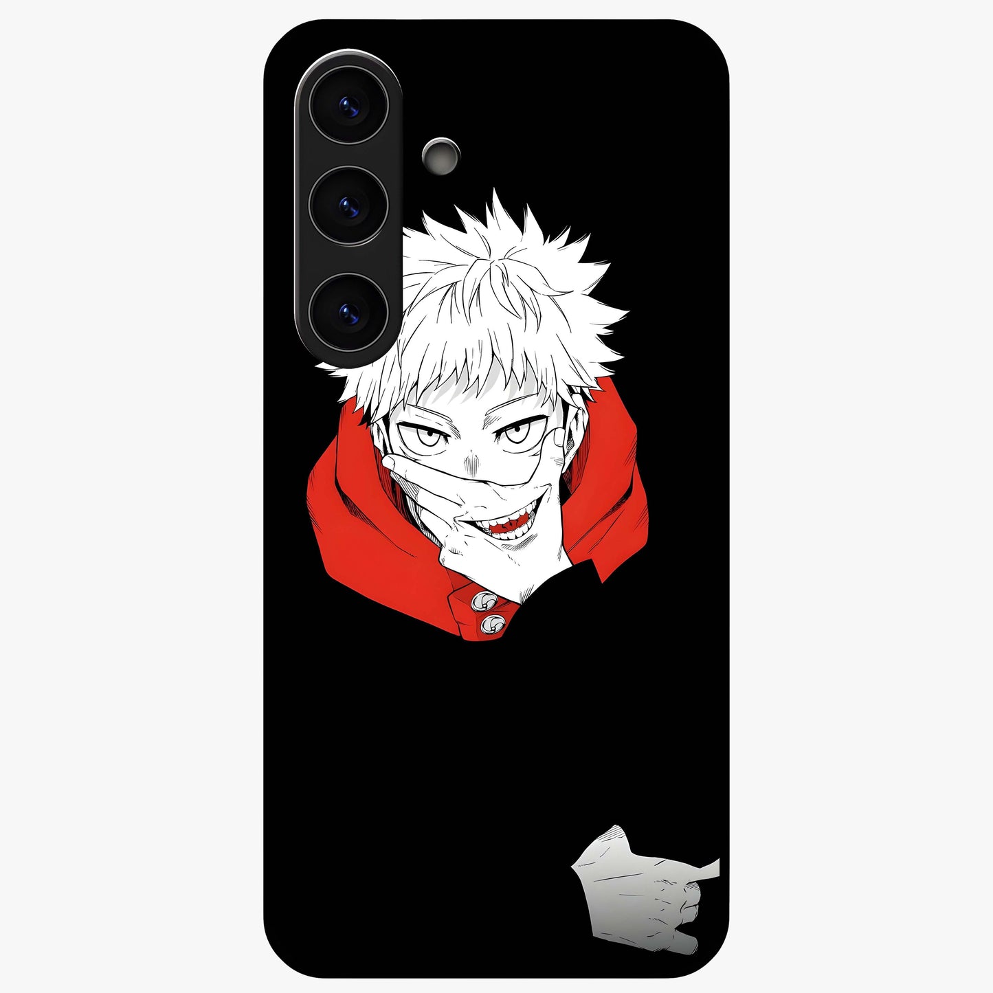 Crimson Chaos Smile Glass Case showing flat back view with bold chaotic smile artwork and glossy glass finish.