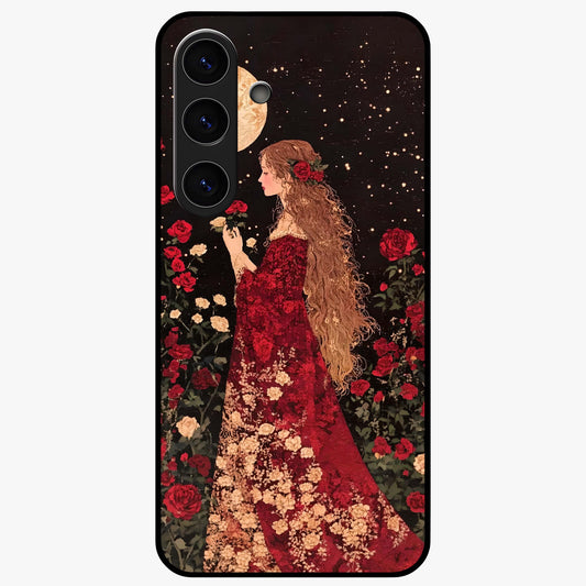 Crimson Dreams Glass Case showing flat back view with dreamy crimson artwork and glossy glass finish.