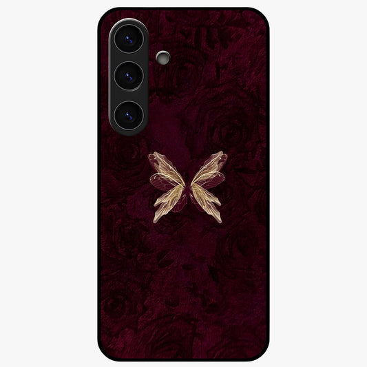 Crimson Fade Butterfly Glass Case showing flat back view with fading butterfly artwork and glossy glass finish.