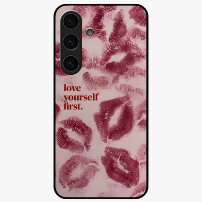 Crimson Kiss Love Glass Case showing flat back view with romantic crimson themed artwork and glossy glass finish.
