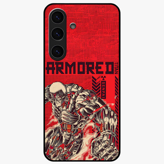 Crimson Mecha Titan Glass Case showing flat back view with powerful mech titan artwork and glossy glass finish.