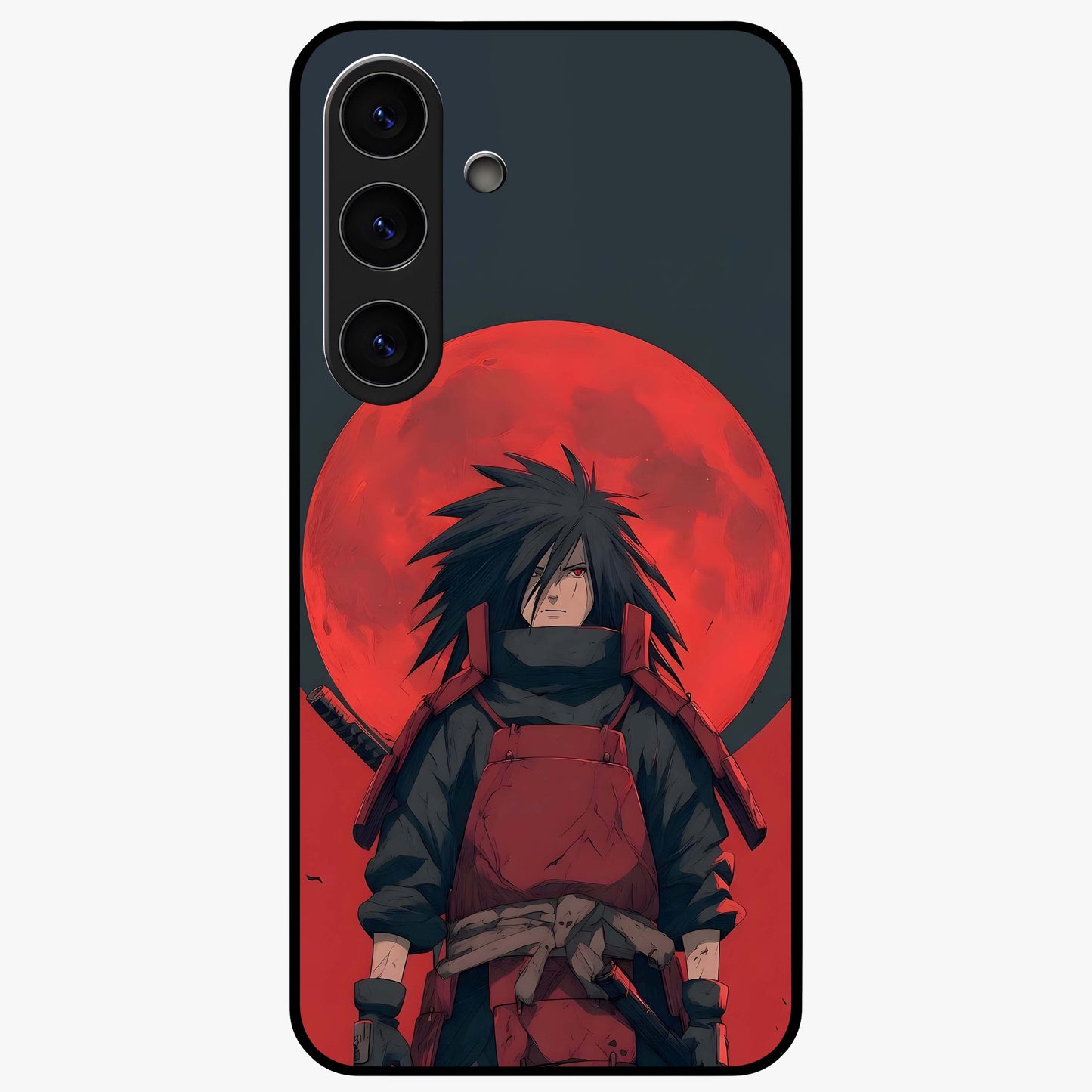Crimson Moon Warlord Glass Case showing flat back view with mystical moon warrior artwork and glossy glass finish.