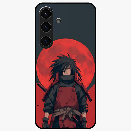 Crimson Moon Warlord Glass Case showing flat back view with mystical moon warrior artwork and glossy glass finish.