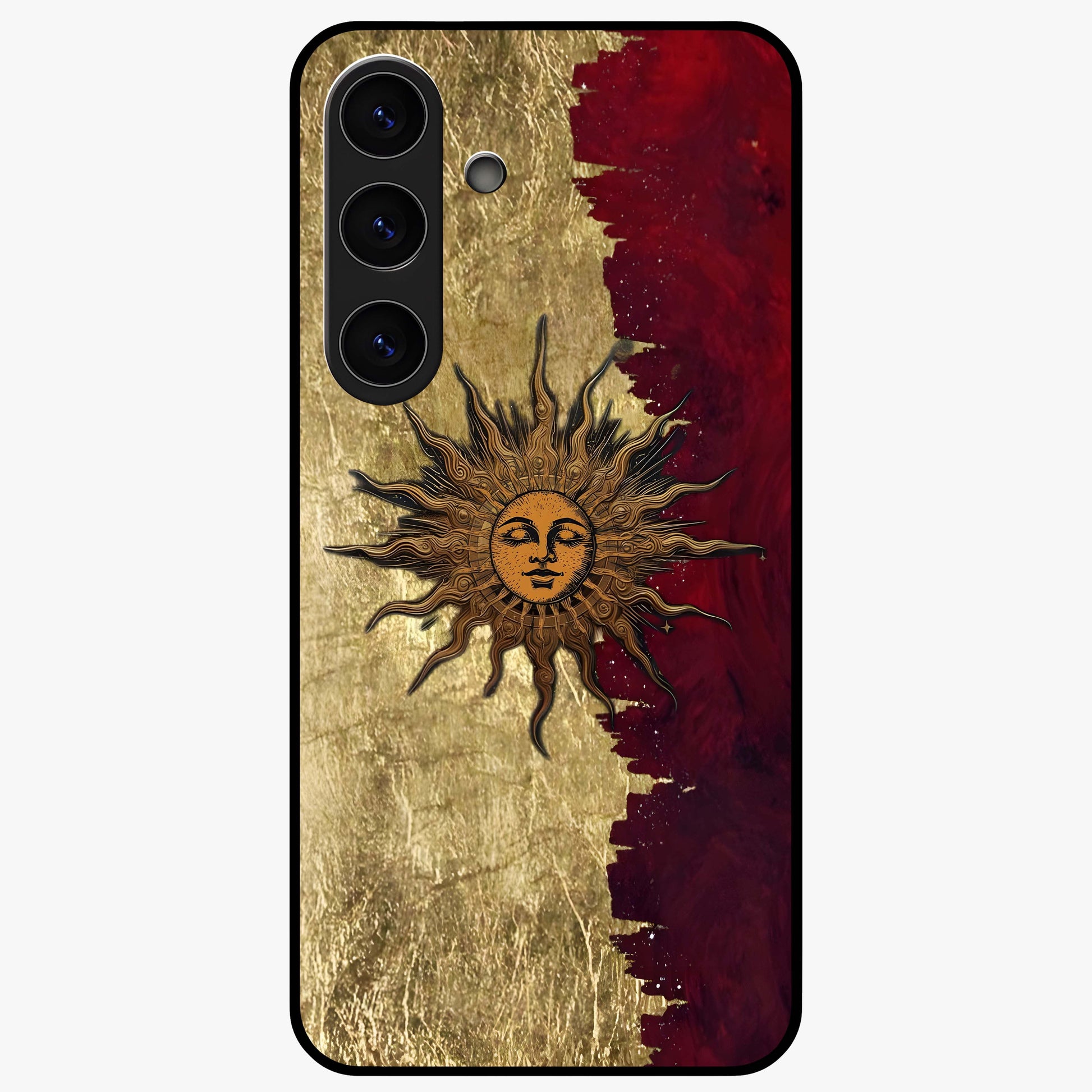Crimson Sun Majesty Glass Case showing flat back view with radiant sun inspired artwork and glossy glass finish.
