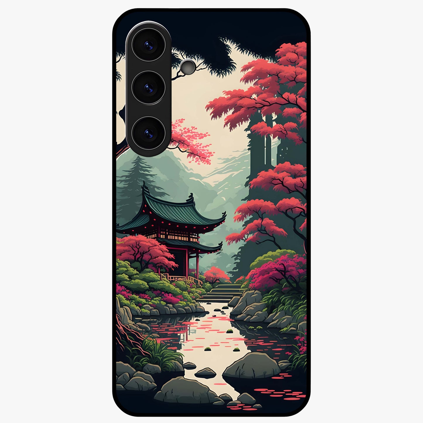 Crimson Temple View Glass Case showing flat back view with temple inspired artwork and glossy glass finish.