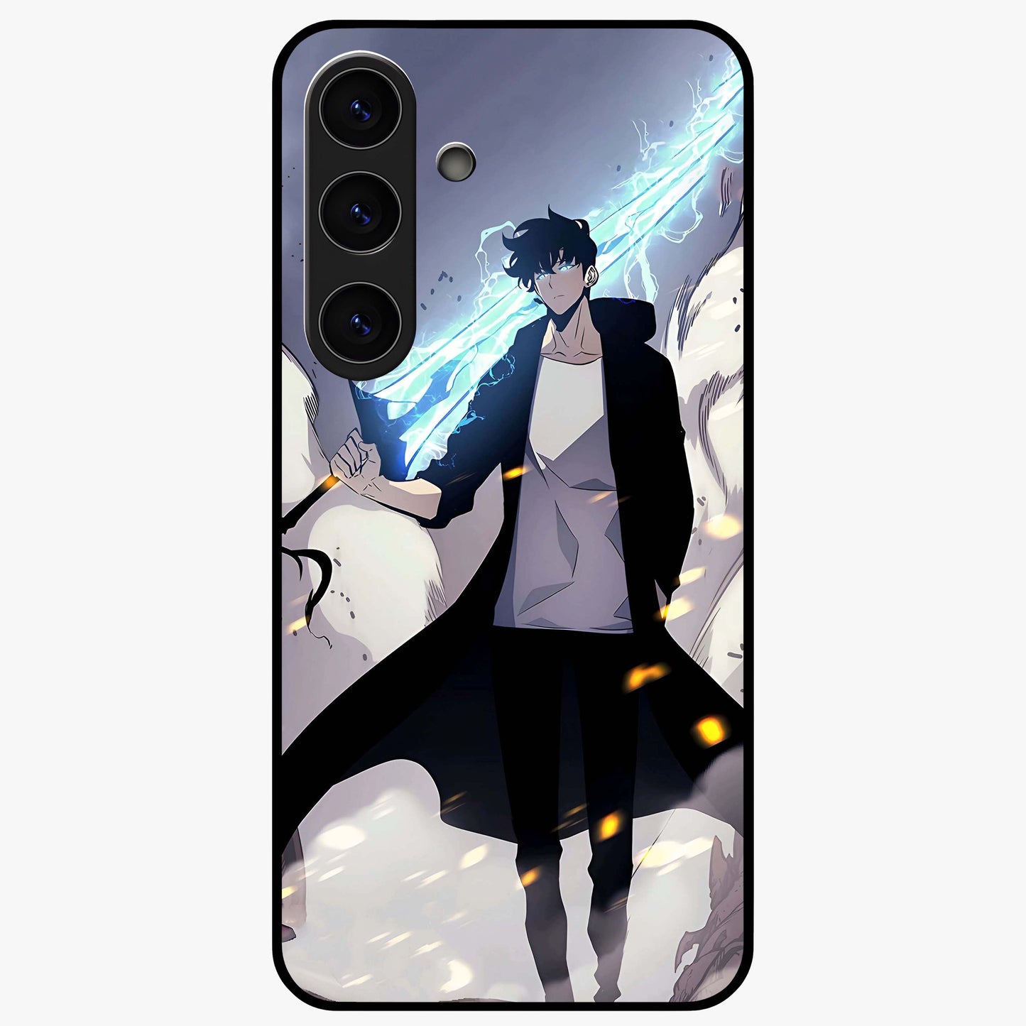 Dark Lightning Anime Warrior Glass Case showing flat back view with intense anime warrior artwork and glossy glass finish.