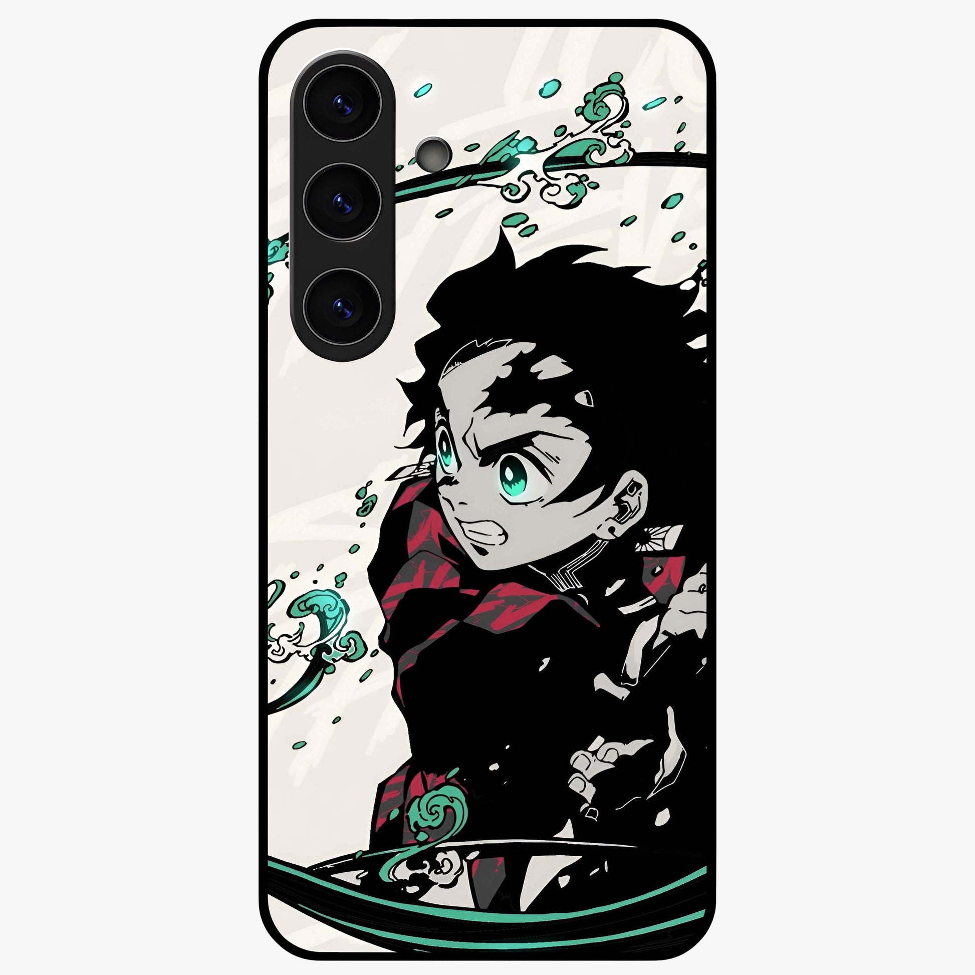 Demon Slayer Glass Case showing flat back view with bold anime inspired artwork and glossy glass finish.