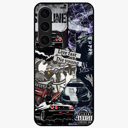 Die Young Glass Case showing flat back view with bold artistic typography design and glossy glass finish.