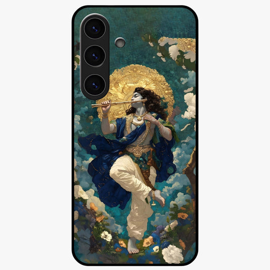 Divine Krishna Art Glass Case showing flat back view with Lord Krishna artwork and glossy glass finish.