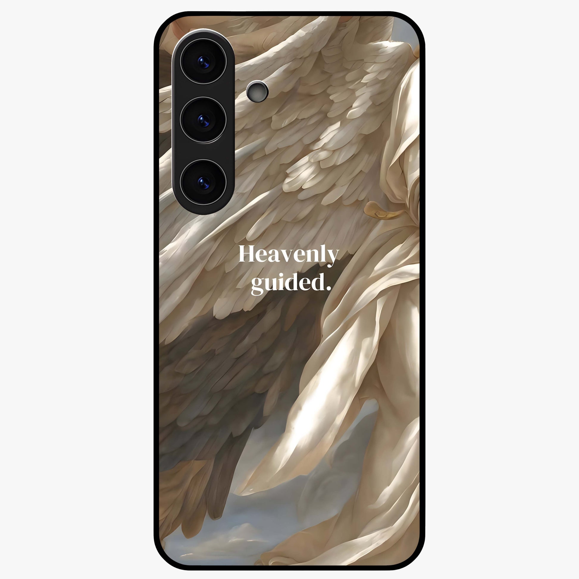 Divine Winged Grace Glass Case showing flat back view with elegant wing inspired artwork and glossy glass finish.