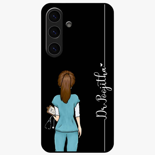 Doctor Pattern Custom Name Glass Case showing flat back view with medical themed pattern and personalized name design.