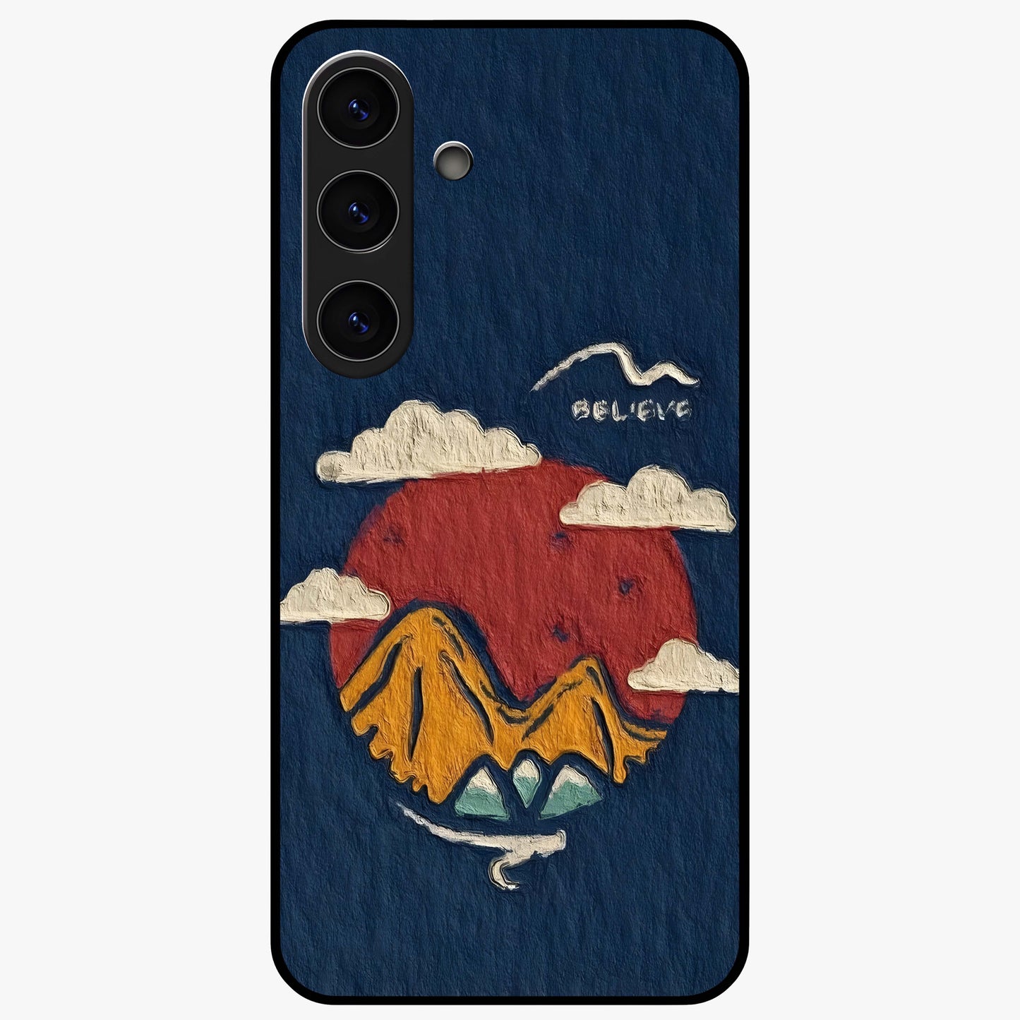 Dream Beyond Mountains Glass Case showing flat back view with scenic mountain landscape artwork and glossy glass finish.