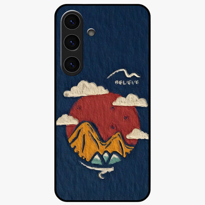 Dream Beyond Mountains Glass Case showing flat back view with scenic mountain landscape artwork and glossy glass finish.