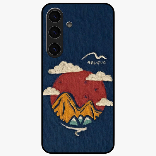 Dream Beyond Mountains Glass Case showing flat back view with scenic mountain landscape artwork and glossy glass finish.