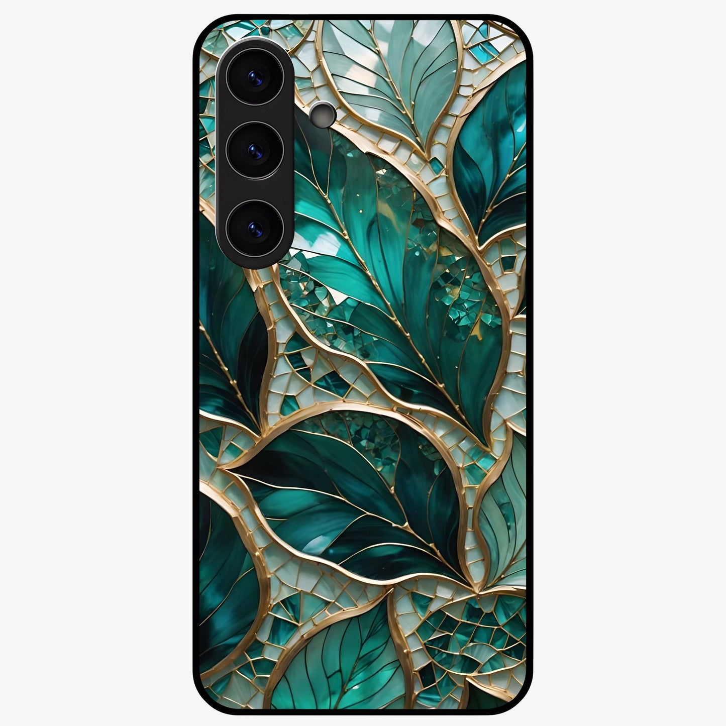 Emerald Leaf Glass Glass Case showing flat back view with emerald green leaf artwork and glossy glass finish.
