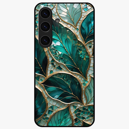 Emerald Leaf Glass Glass Case showing flat back view with emerald green leaf artwork and glossy glass finish.