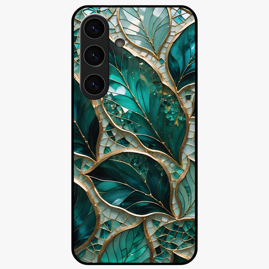 Emerald Leaf Glass Glass Case showing flat back view with emerald green leaf artwork and glossy glass finish.