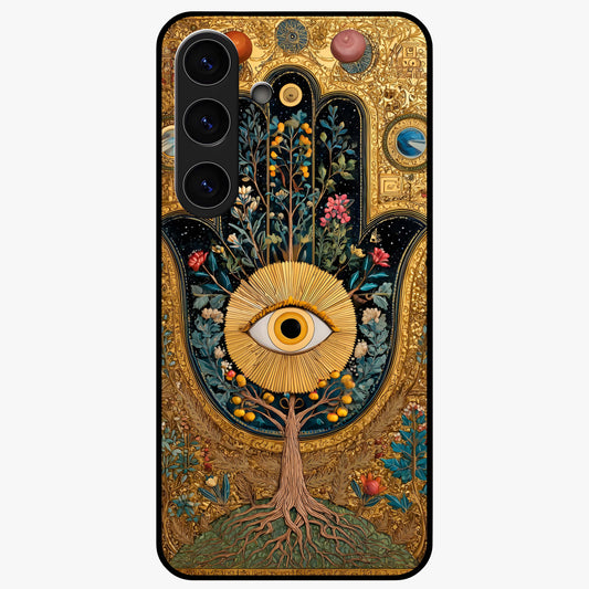 Ethereal Evil Eye Glass Case showing flat back view with mystical evil eye artwork and glossy glass finish.