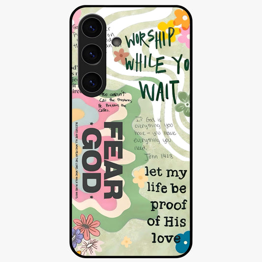 Faith Over Fear Glass Case showing flat back view with motivational typography artwork and glossy glass finish.