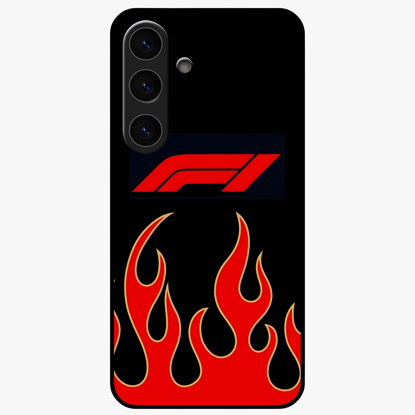 Fire F11 Glass Case showing flat back view with fiery themed artwork and glossy glass finish.