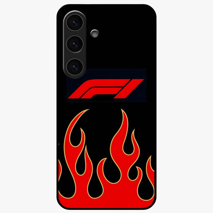 Fire F11 Glass Case showing flat back view with fiery themed artwork and glossy glass finish.