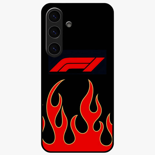 Fire F11 Glass Case showing flat back view with fiery themed artwork and glossy glass finish.