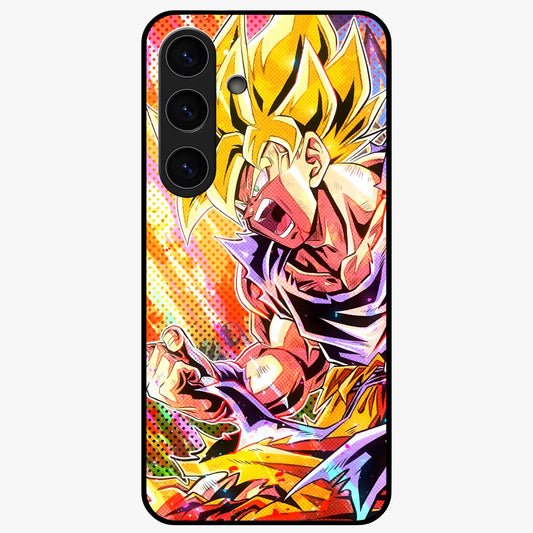 Firing Goku Glass Case showing flat back view with powerful anime inspired artwork and glossy glass finish.