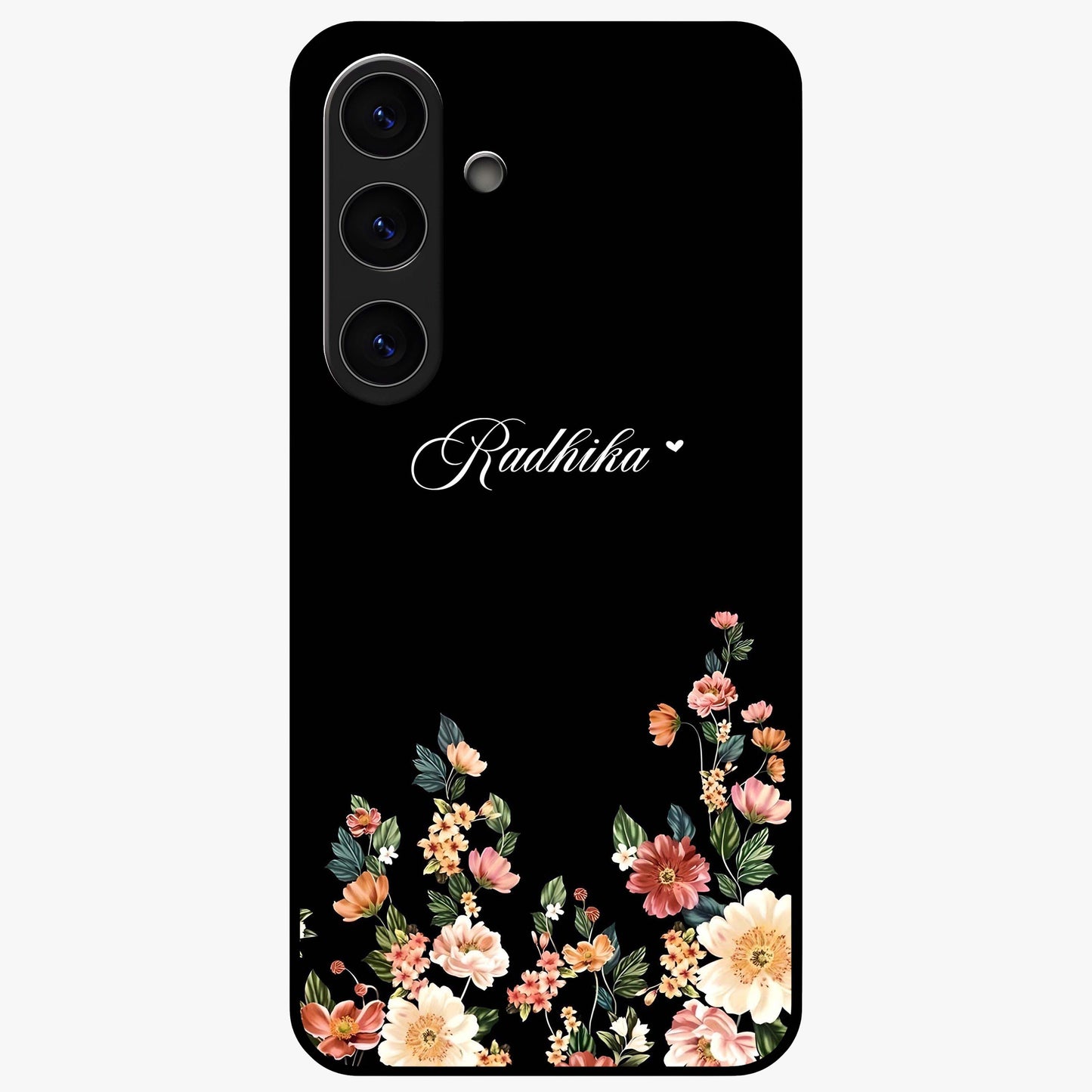 Floral Design With a Custom Personalized Name Glass Case showing flat back view with floral artwork and personalized name design.
