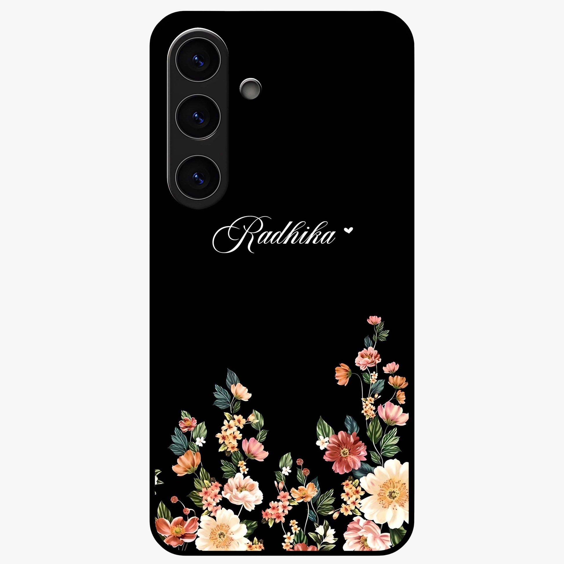 Floral Design With a Custom Personalized Name Glass Case showing flat back view with floral artwork and personalized name design.