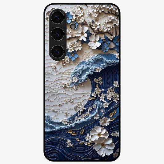 Floral Wave Origami Glass Case showing flat back view with origami inspired floral wave artwork and glossy glass finish.
