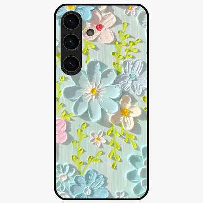 Frosted Petal Garden Glass Case showing flat back view with soft frosted floral artwork and glossy glass finish.